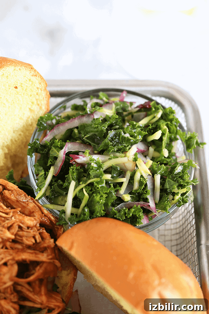 Homemade slaw pairs well with pulled chicken. homemade kale slaw