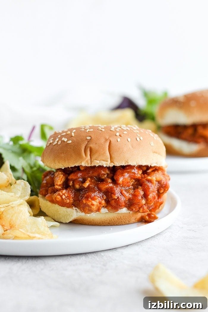 healthy sloppy joe on a bun with chips