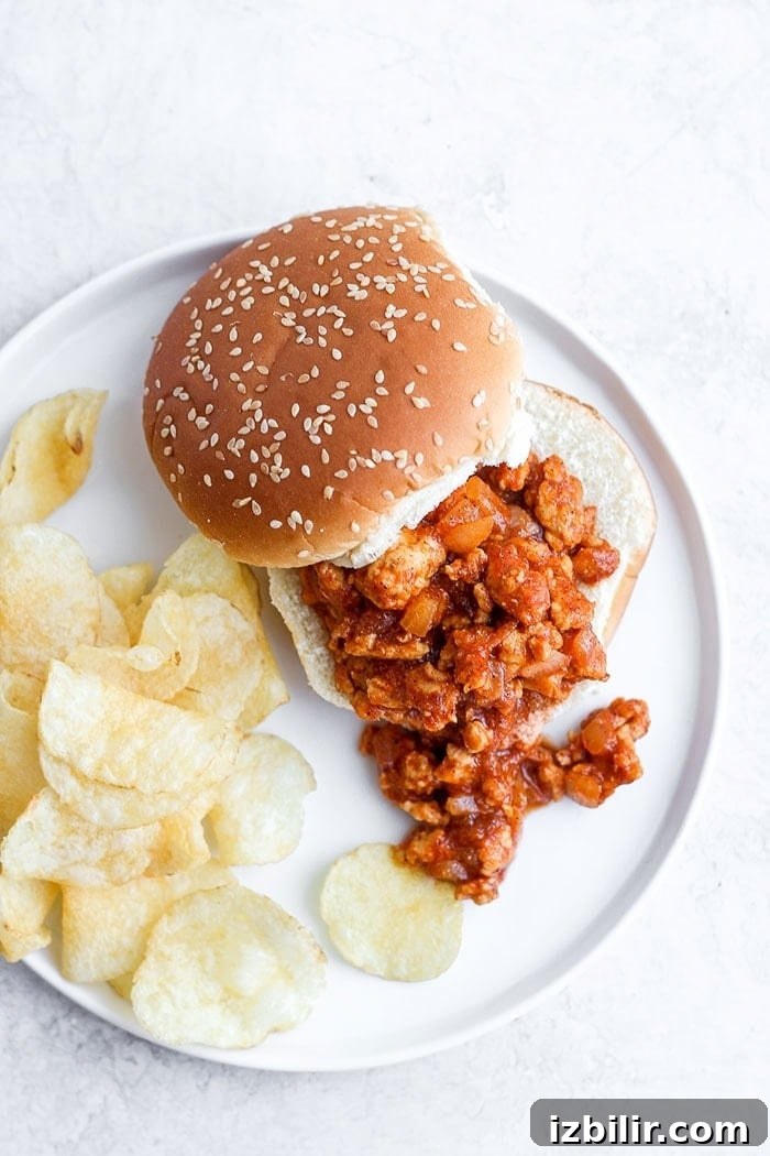 healthy sloppy joe on a bun with chips