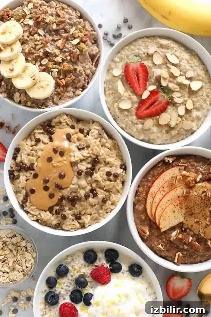 Wondering how to make oatmeal or looking for a basic oatmeal recipe that can be made in less than 10 minutes? Try this super simple stovetop oatmeal recipe made with rolled oats! Different types of oatmeal in white bowls including chocolate chip peanut butter, strawberry, apple cinnamon, and high protein.