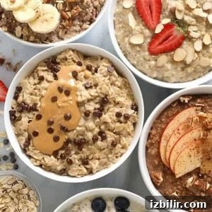How to Make Creamy Oatmeal: Stovetop, Microwave & Overnight 3 Five bowls of oatmeal with different toppings