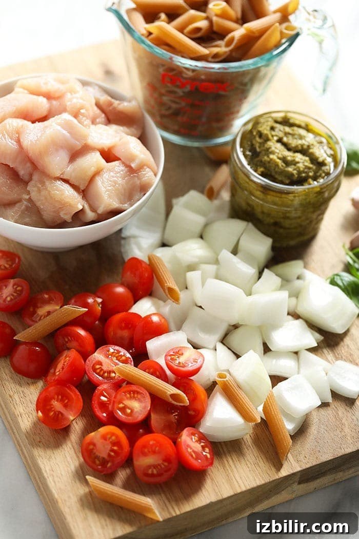 Pesto chicken pasta ingredients.