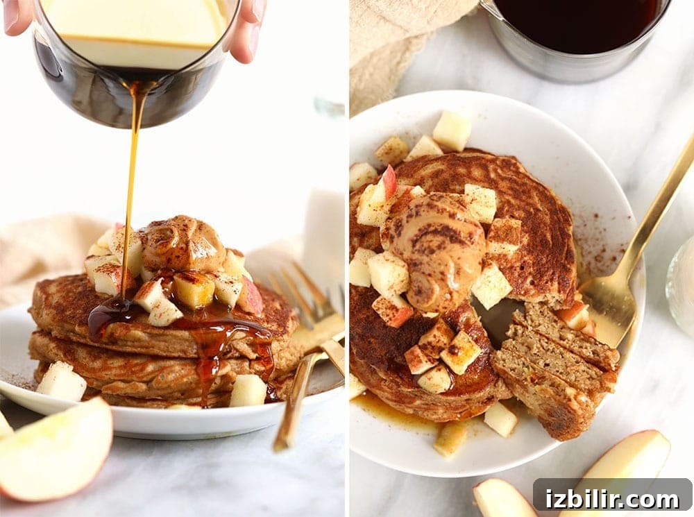 These apple cinnamon pancakes are perfect for apple season! Shred the apples and add them to your favorite pancake batter. They are perfectly moist and delicious! Cinnamon apple pancakes.
