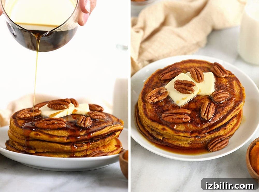 Pumpkin pancakes are the best! Mix pureed pumpkin into pancake batter and top your pancakes with a little maple an pecan. They are a great fall meal prep breakfast! A stack of pumpkin pancakes.