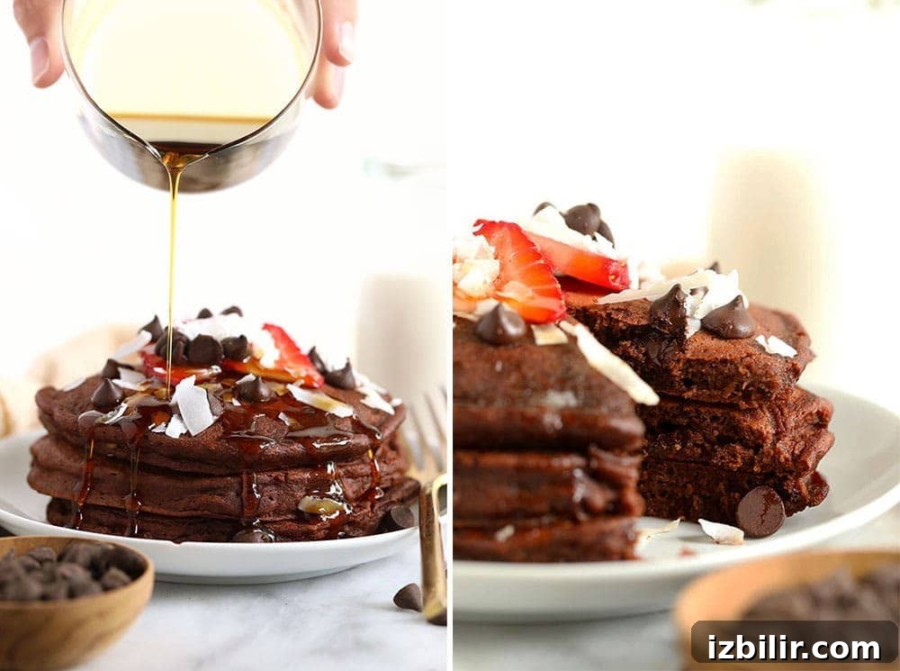 Who doesn't love chocolate chocolate chip pancakes? A little chocolate chip in each bite makes the perfect sweet breakfast treat. chocolate chocolate chip pancakes.