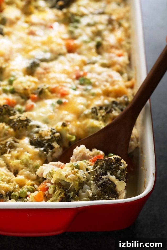 Spoon scooping creamy chicken and rice casserole