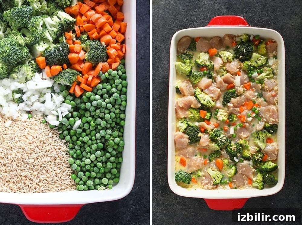 Prepping chicken casserole ingredients in a casserole dish