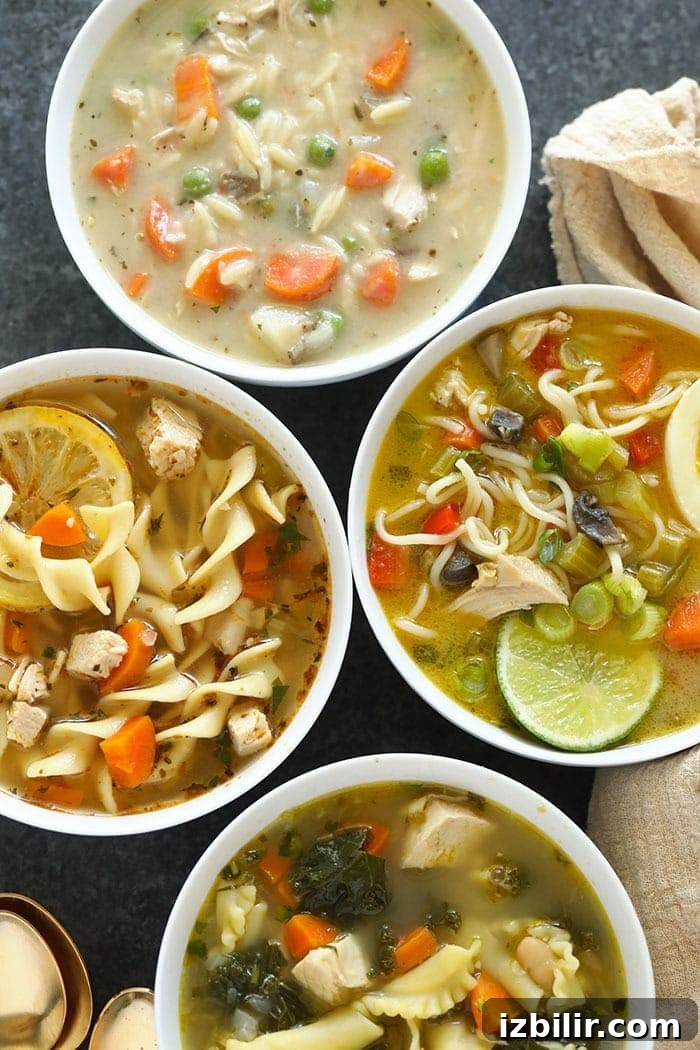 Four variations of chicken noodle soup 4 kinds of chicken noodle soup
