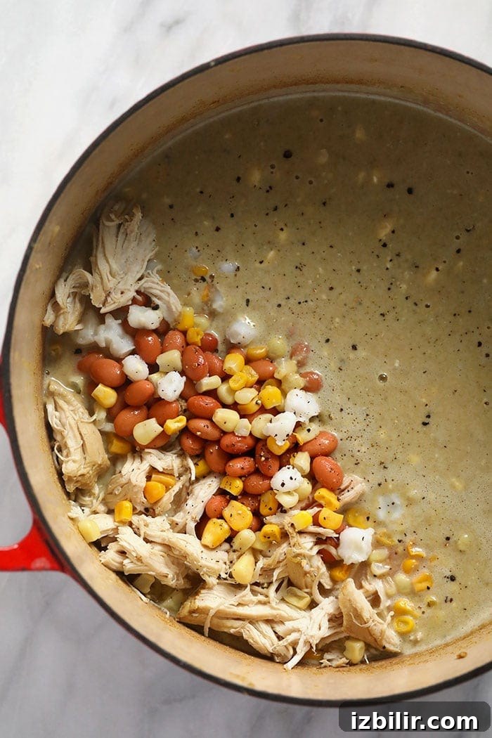 white bean chicken chili ingredients in a dutch oven ready to be stirred together.