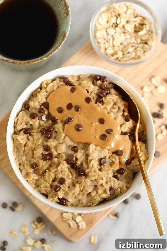 Make Microwave Oatmeal in 2 Minutes 2 bowl of oatmeal with cashew butter and chocolate chips