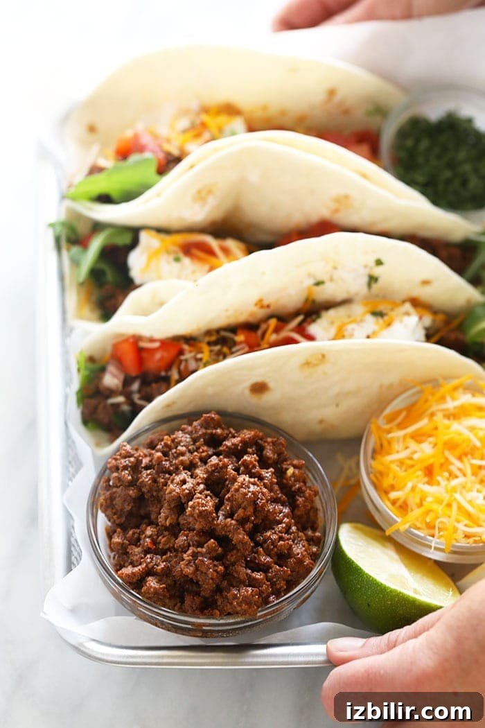 Beef tacos flavored with homemade taco seasoning.
