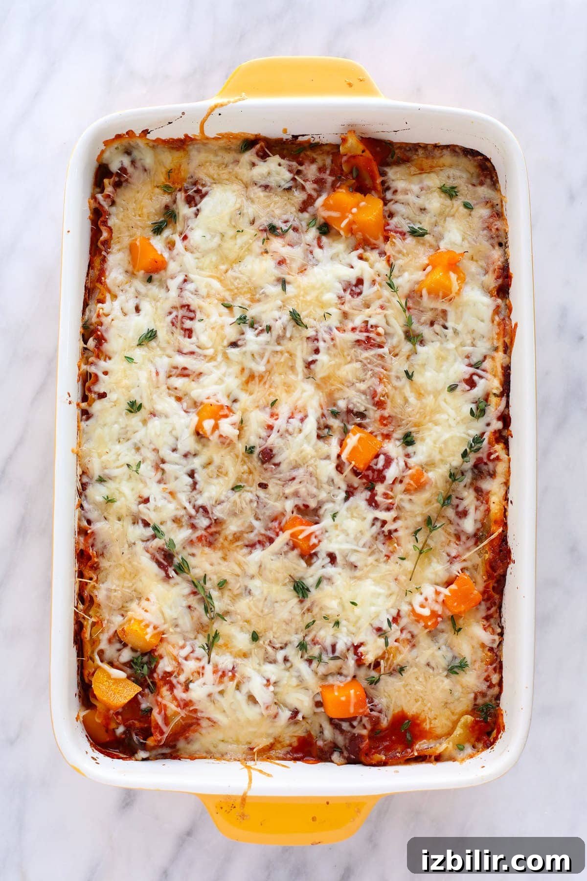 Butternut squash lasagna in a pan.