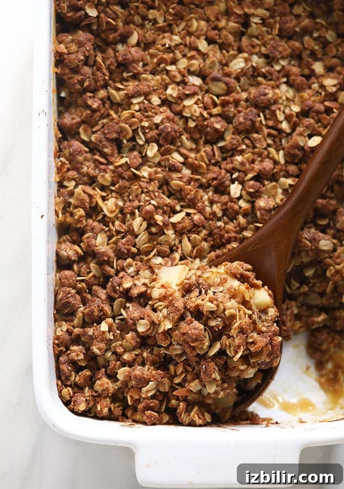 Apple crisp with golden oat topping apple crisp in baking dish