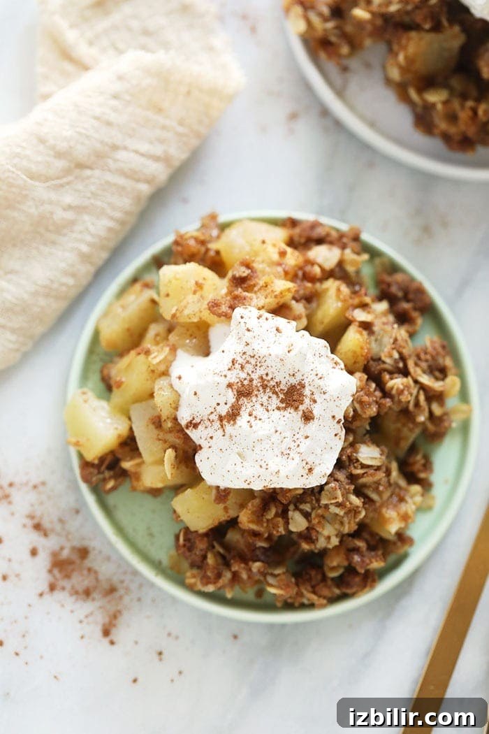 Serving of apple crisp with a scoop of ice cream crisp on plate