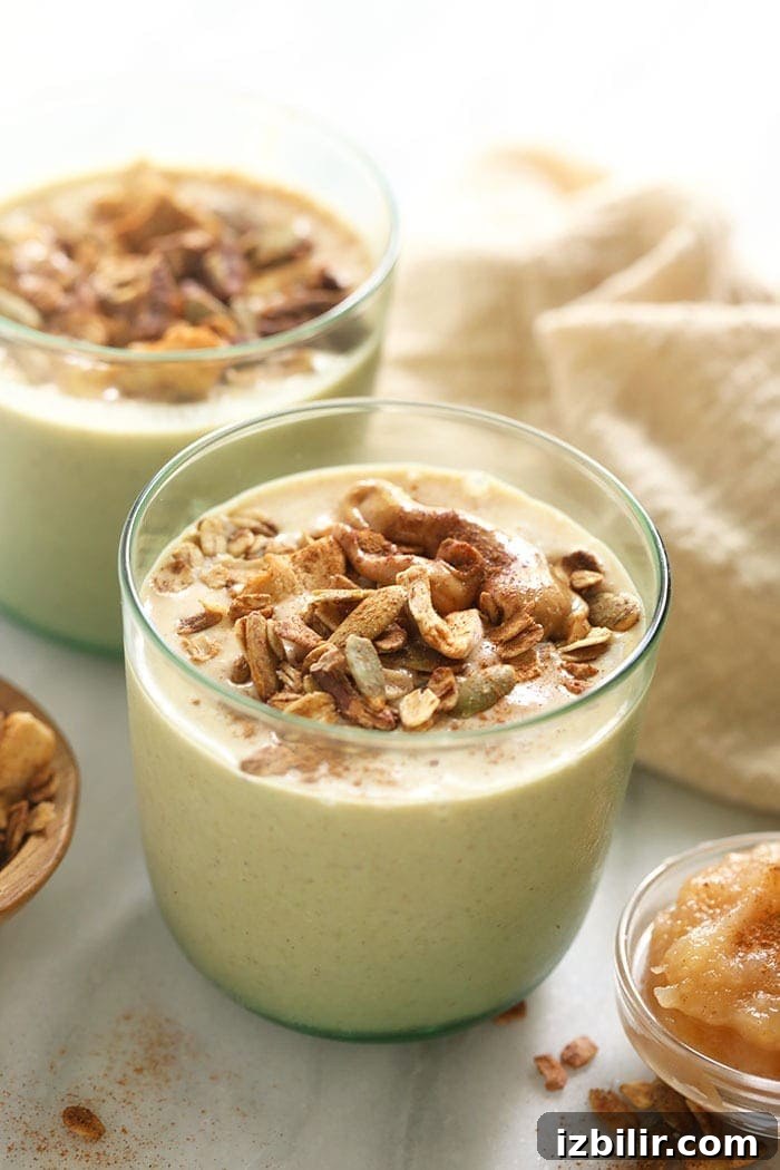 This apple smoothie recipe is an excellent healthy breakfast idea or snack. It's made with frozen applesauce, almond milk, ground flaxseed, and your favorite nut butter. apple smoothie in a glass topped with granola