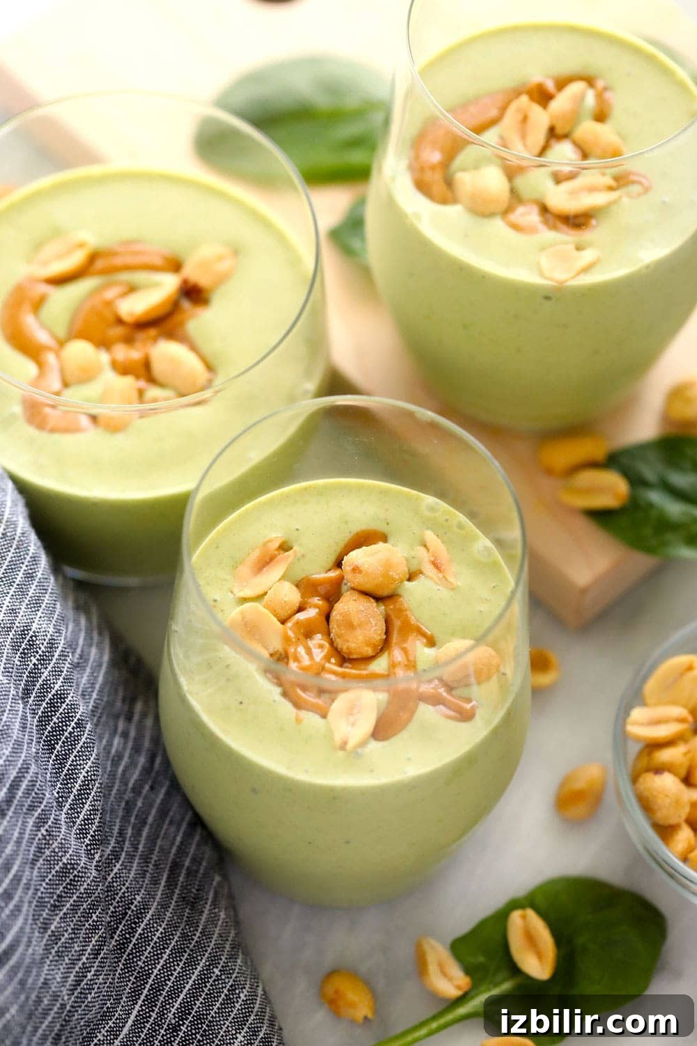 Peanut Butter Green Smoothie in three glasses