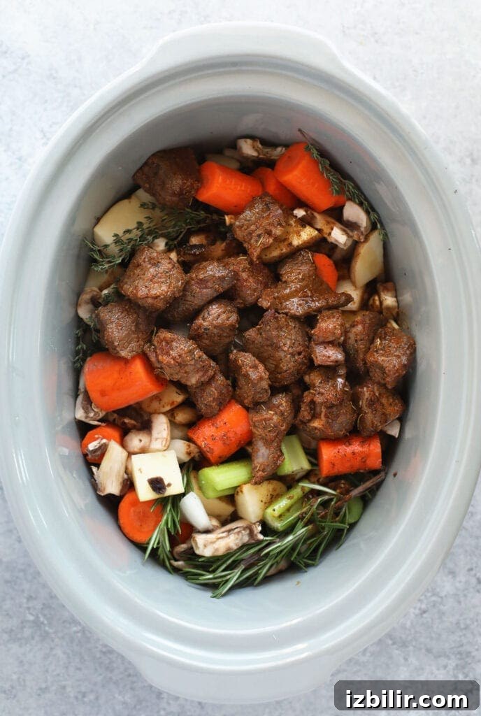 fresh ingredients for beef stew in the slow cooker