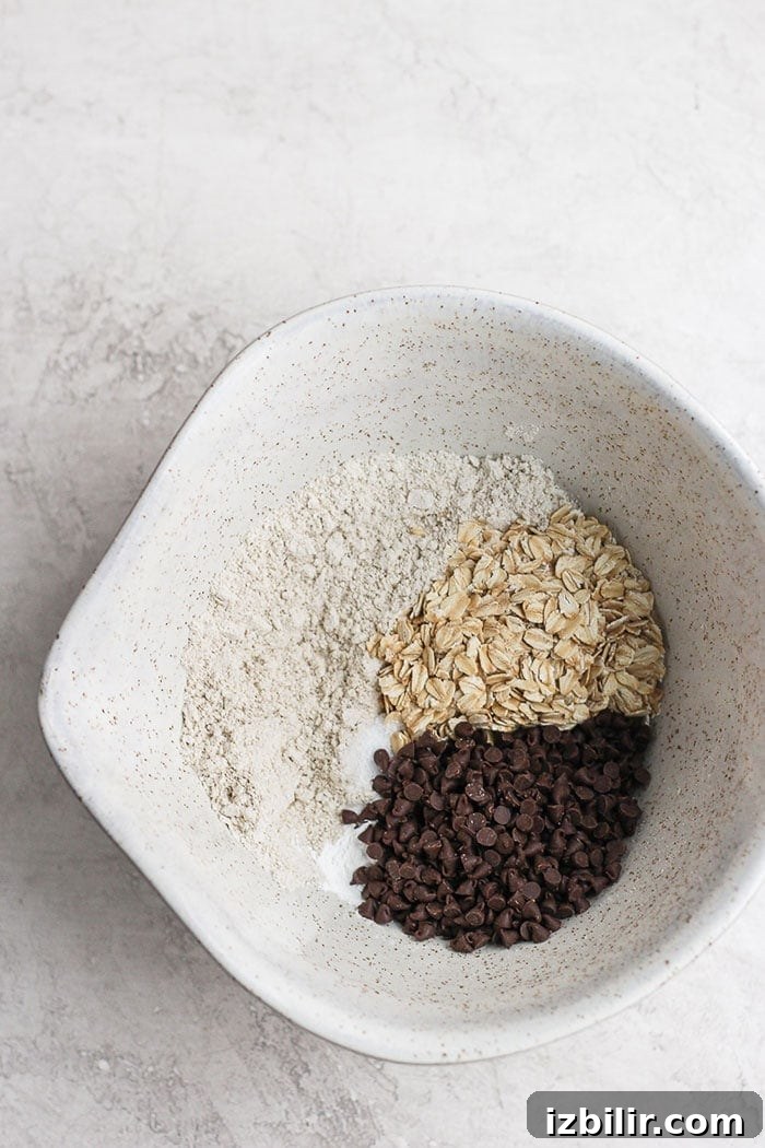 Bowl of oat flour and chocolate chips bowl of oat flour, oats, and chocolate chips