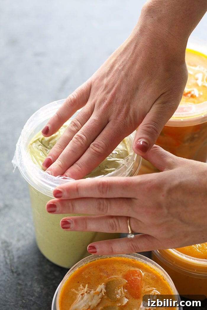 Placing plastic wrap on top of soup container to prevent freezer burn