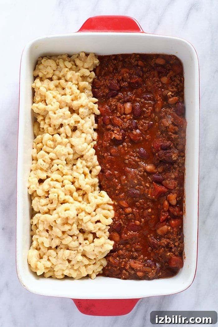 Chili mac baked in a casserole dish Chili mac in a casserole dish