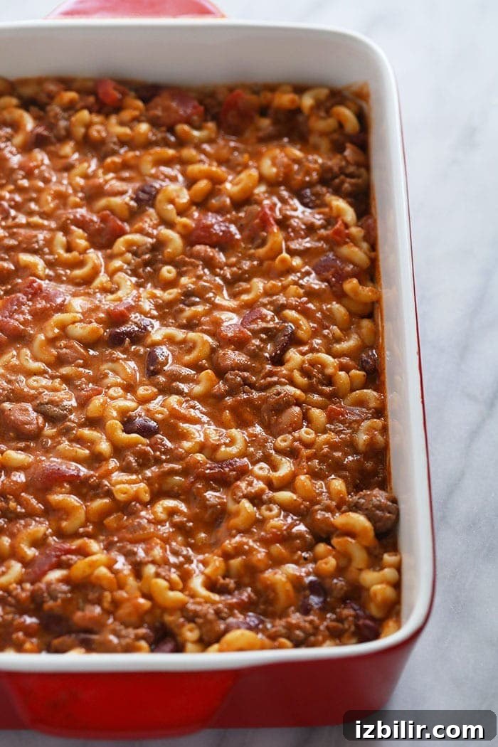 Chili mac fresh from the oven Chili mac in a casserole dish