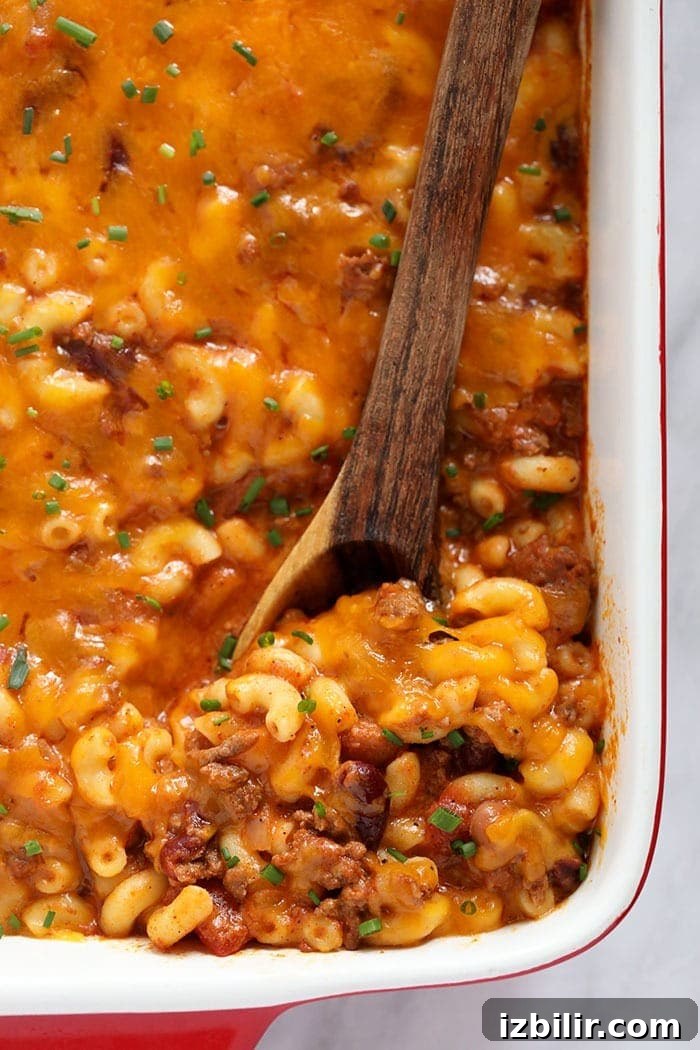 Baked chili mac ready to serve Chili mac baked and ready to eat