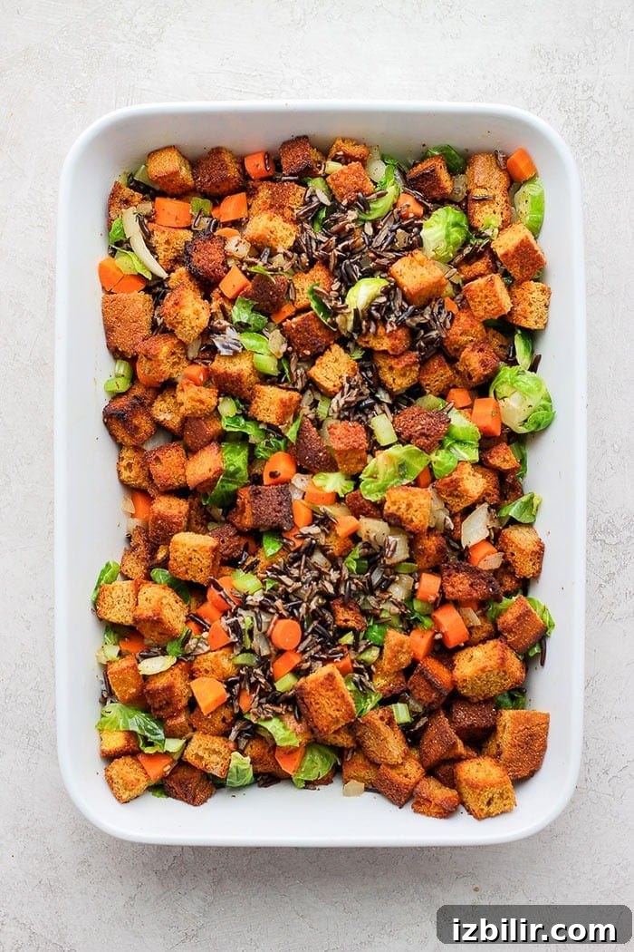 Cornbread dressing in a casserole dish