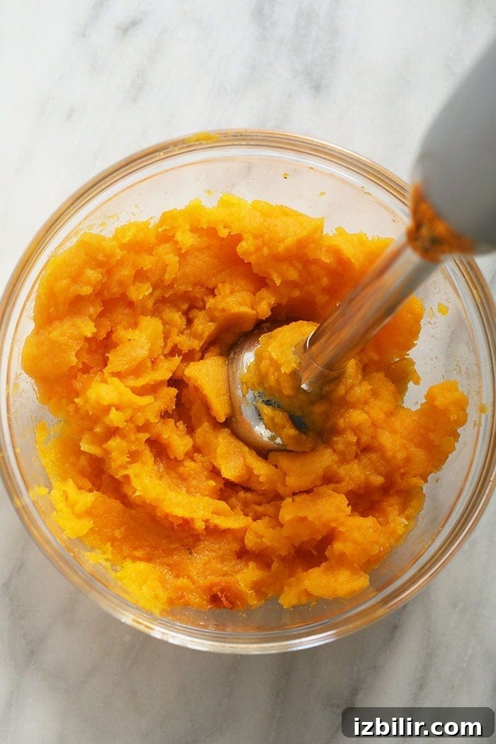 How to Make Creamy Butternut Squash Puree 5 butternut squash being pureed with an immersion blender in a bowl
