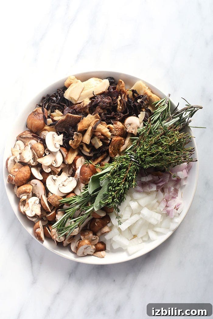 Ingredients for the mushroom gravy on a plate.