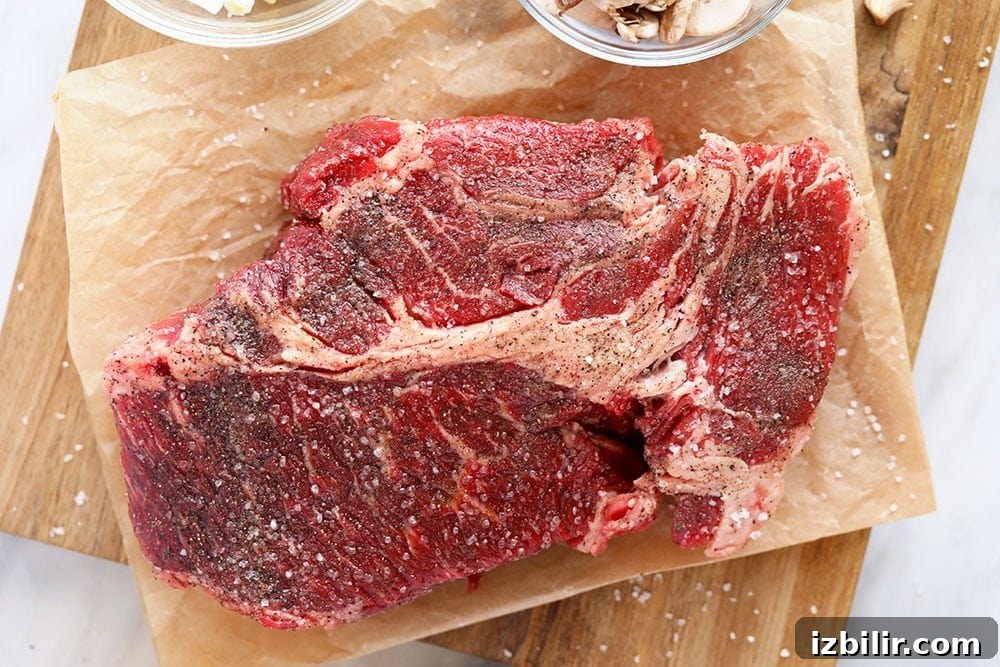 Beef chuck roast ready for the Instant Pot Beef chuck roast ready to go in the instant pot.