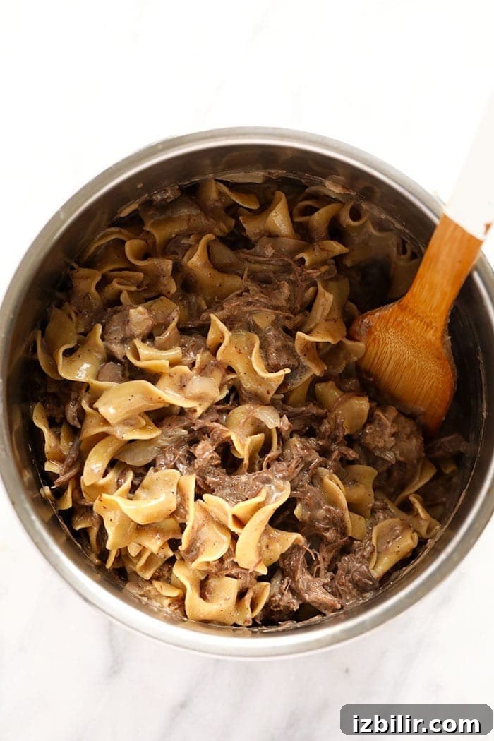 Cooked Instant Pot Beef Stroganoff Cooked instant pot beef stroganoff ready to be served.