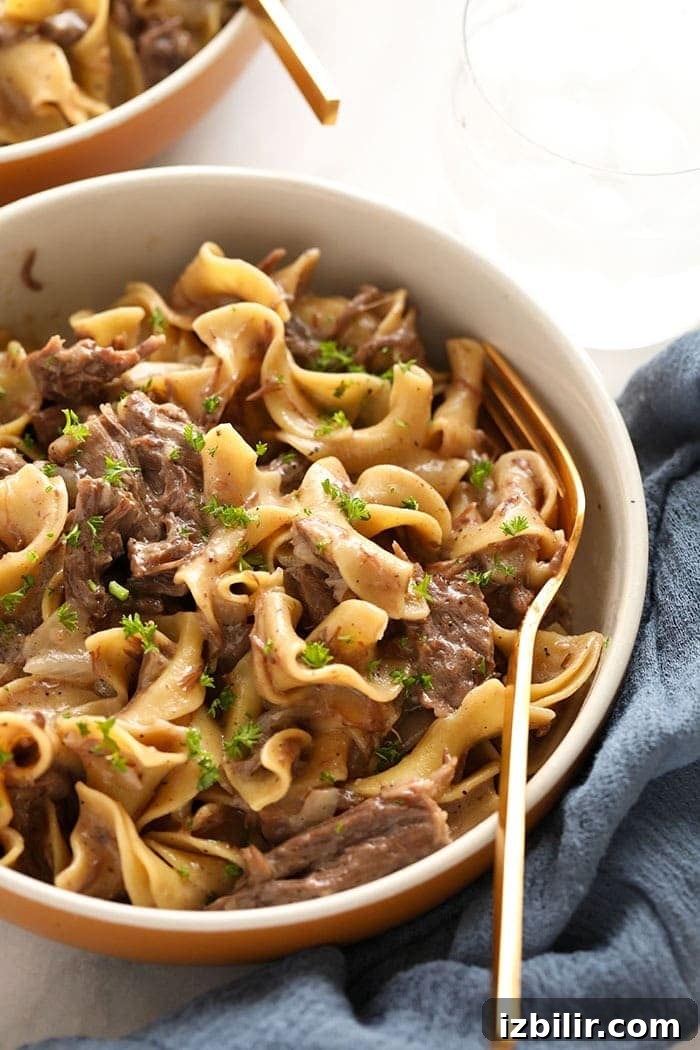 Instant Pot Beef Stroganoff in a bowl Instant pot beef stroganoff in a bowl.