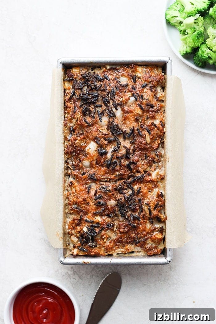 wild rice meatloaf just out of the oven ready to be topped with ketchup