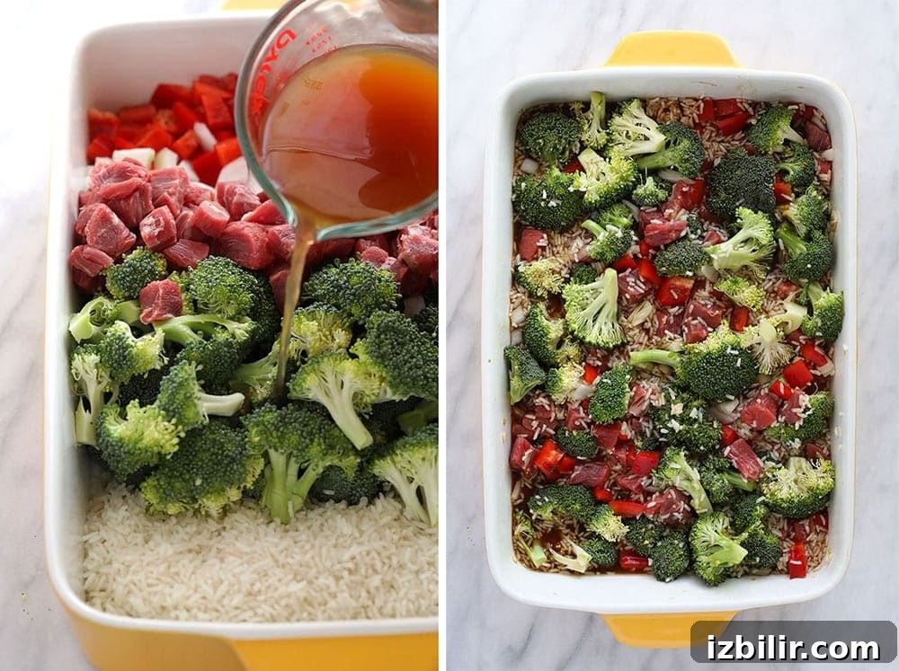 beef and broccoli casserole in dish