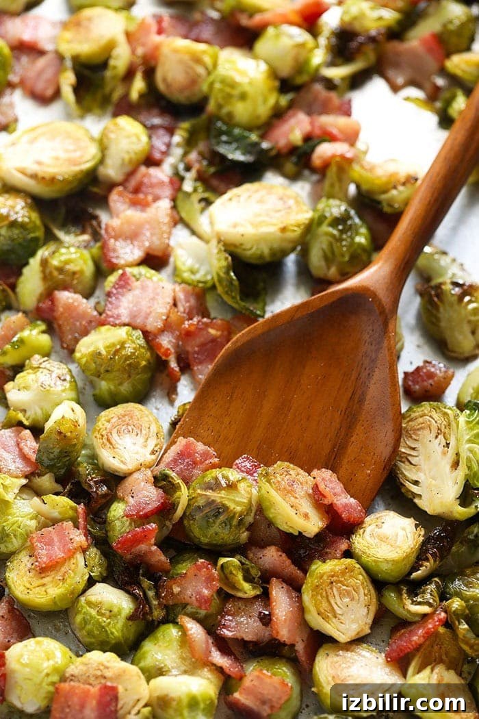 roasted brussels sprouts with bacon on sheet pan