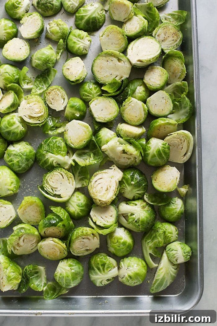 sliced brussels sprouts on sheet pan