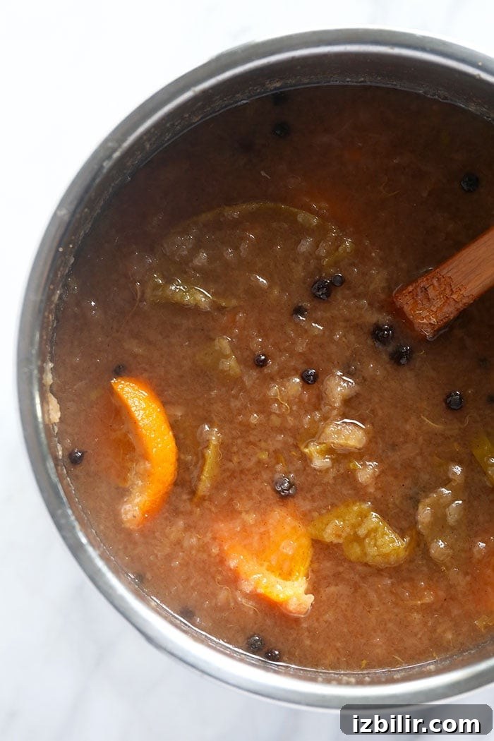 Apple cider ingredients mashed in the Instant Pot