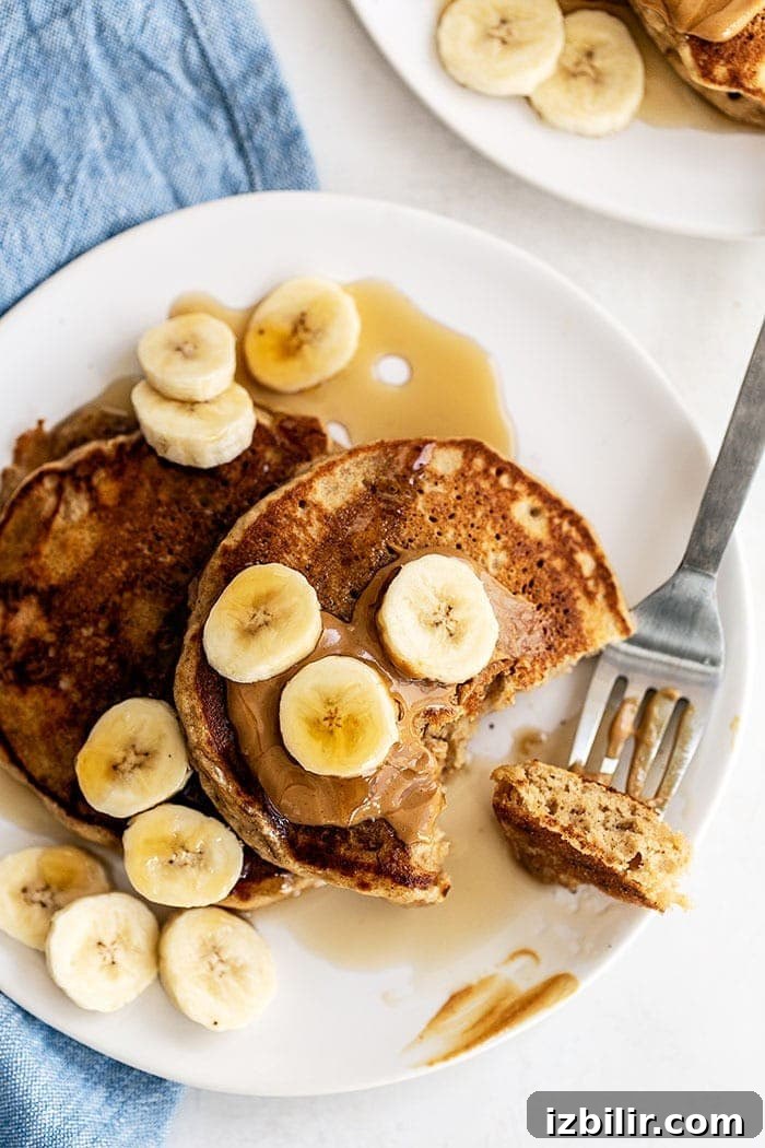 Peanut butter banana pancakes A stack of peanut butter banana pancakes
