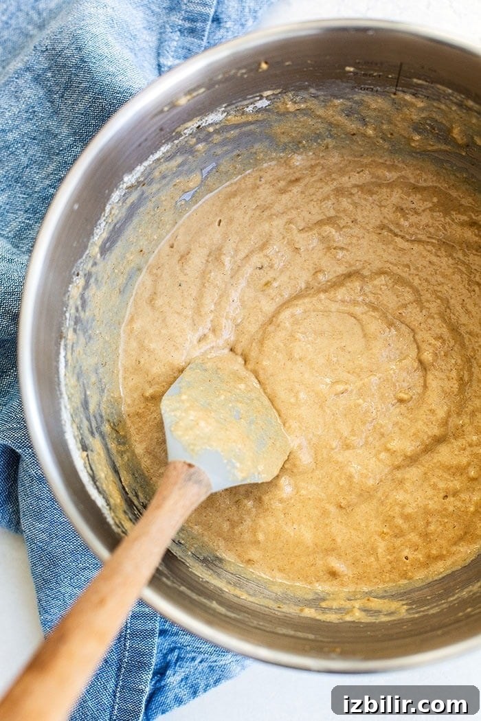 Peanut butter banana pancake batter Peanut butter banana pancake batter in a bowl