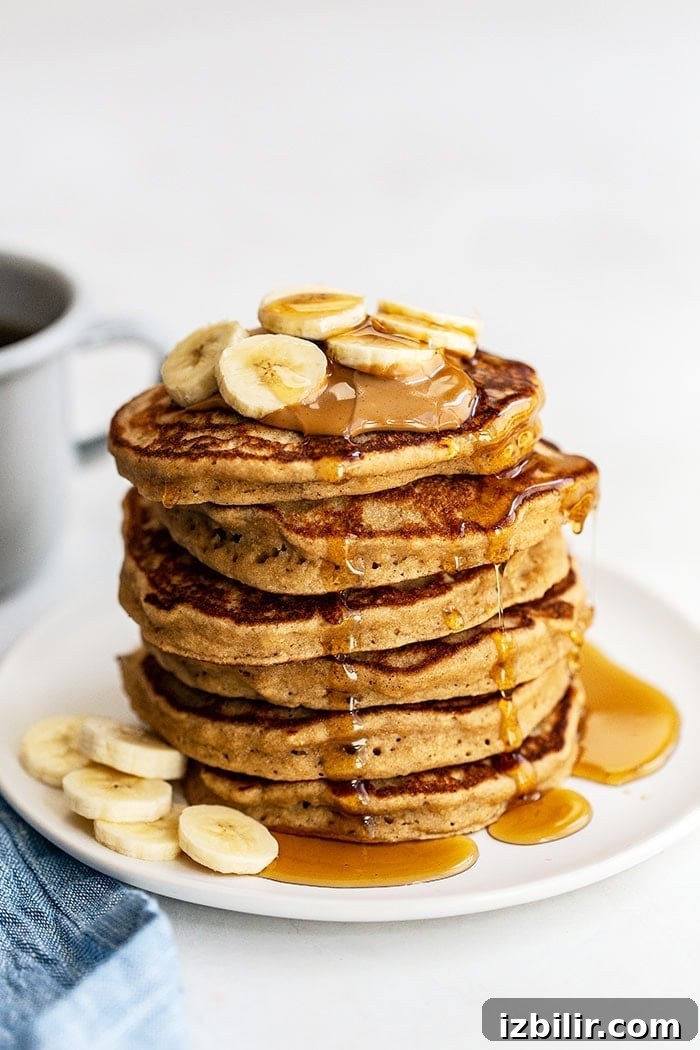 Peanut butter banana pancakes stack A stack of peanut butter banana pancakes