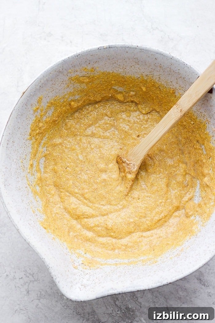 Cornbread batter ready to bake cornbread batter in mixing bowl