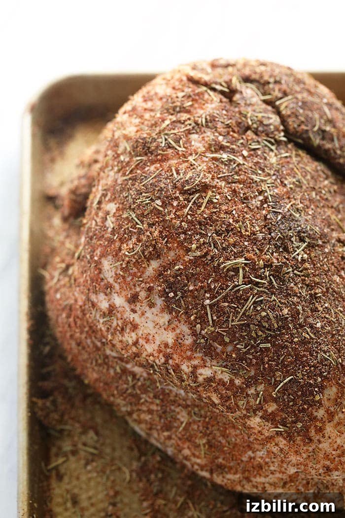Seasoned raw turkey flavorful turkey seasoning patted on a raw turkey