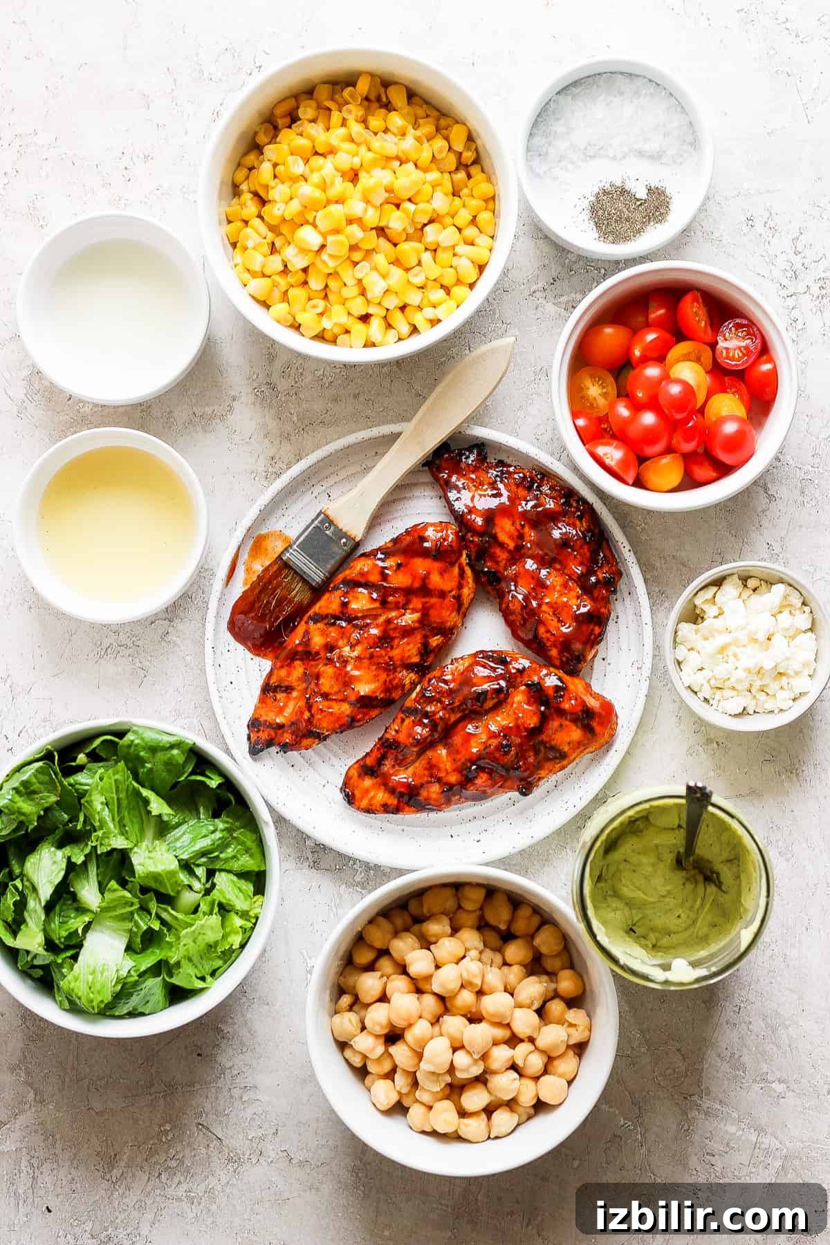 The ingredients for a BBQ chicken salad.
