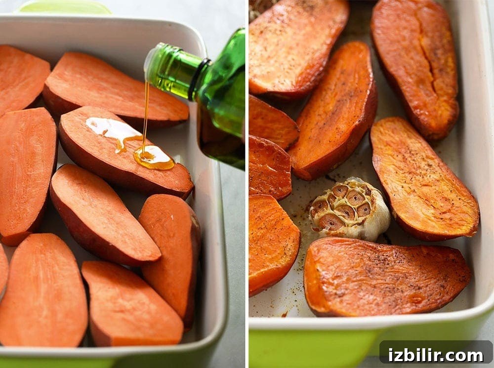 Roasted sweet potatoes for mashed sweet potatoes. roasted potatoes in casserole dish