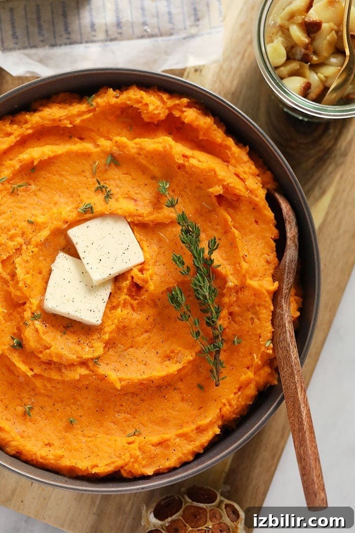 Serve these healthy mashed sweet potatoes at your next holiday gathering. mashed sweet potatoes in bowl with butter