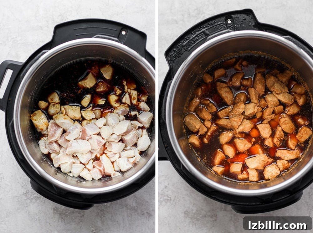 diced chicken for cashew chicken in an instant pot with sauce