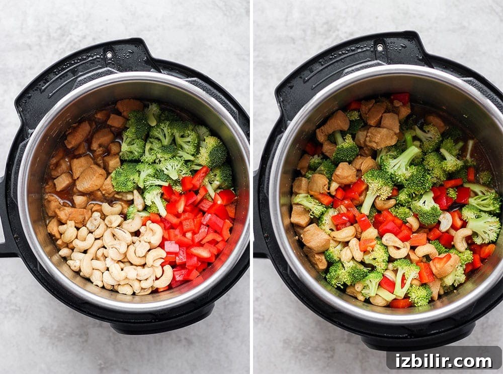 instant pot cashew chicken ingredients in the instant pot ready to be sauteed