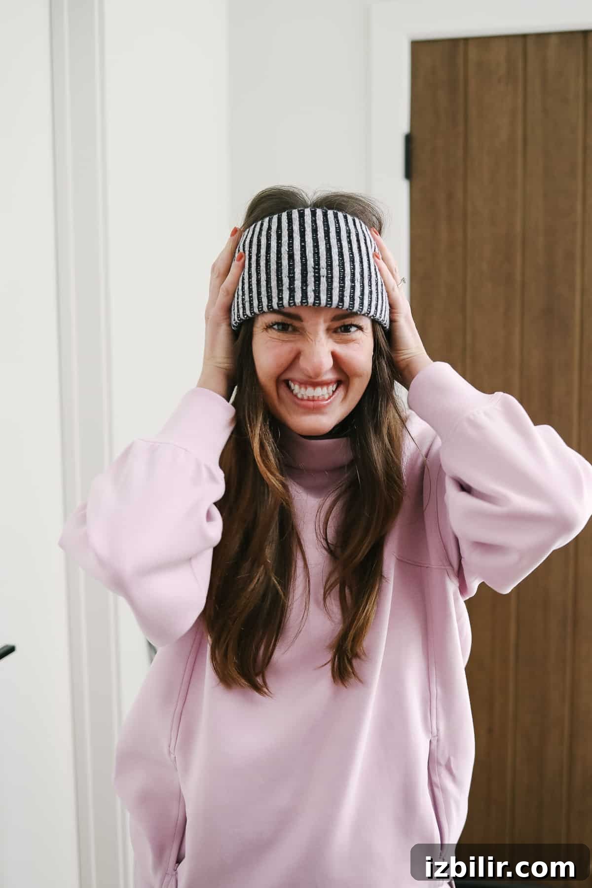 Woman wearing a textured fleece-lined ear warmer headband