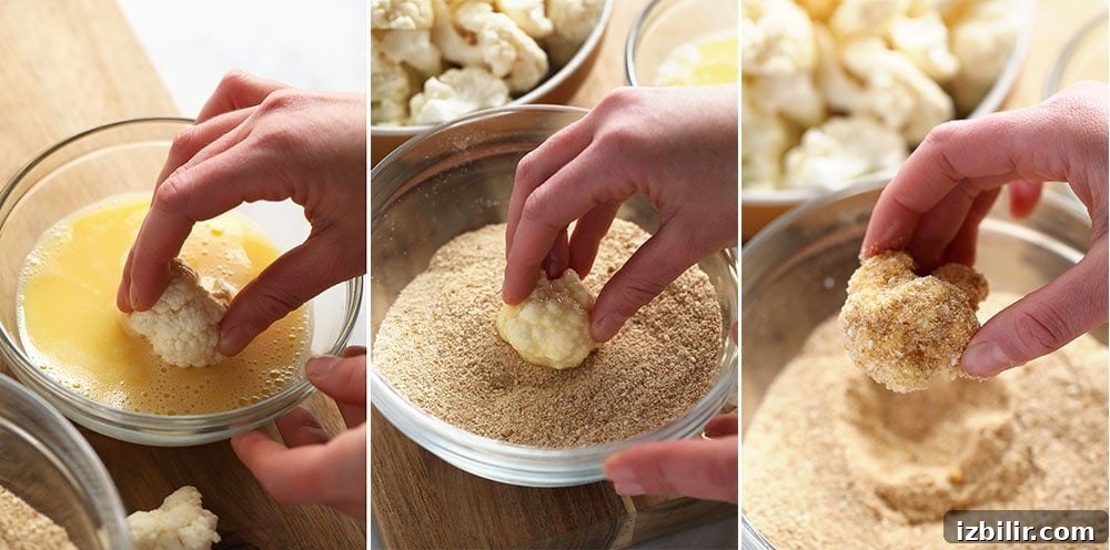 Breading cauliflower florets The process of breading a cauliflower wing