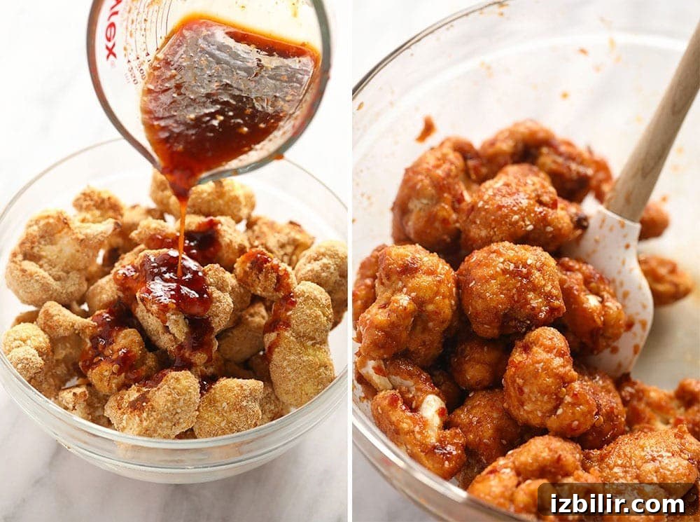 Saucing cauliflower wings Pouring sauce on the cauliflower wings